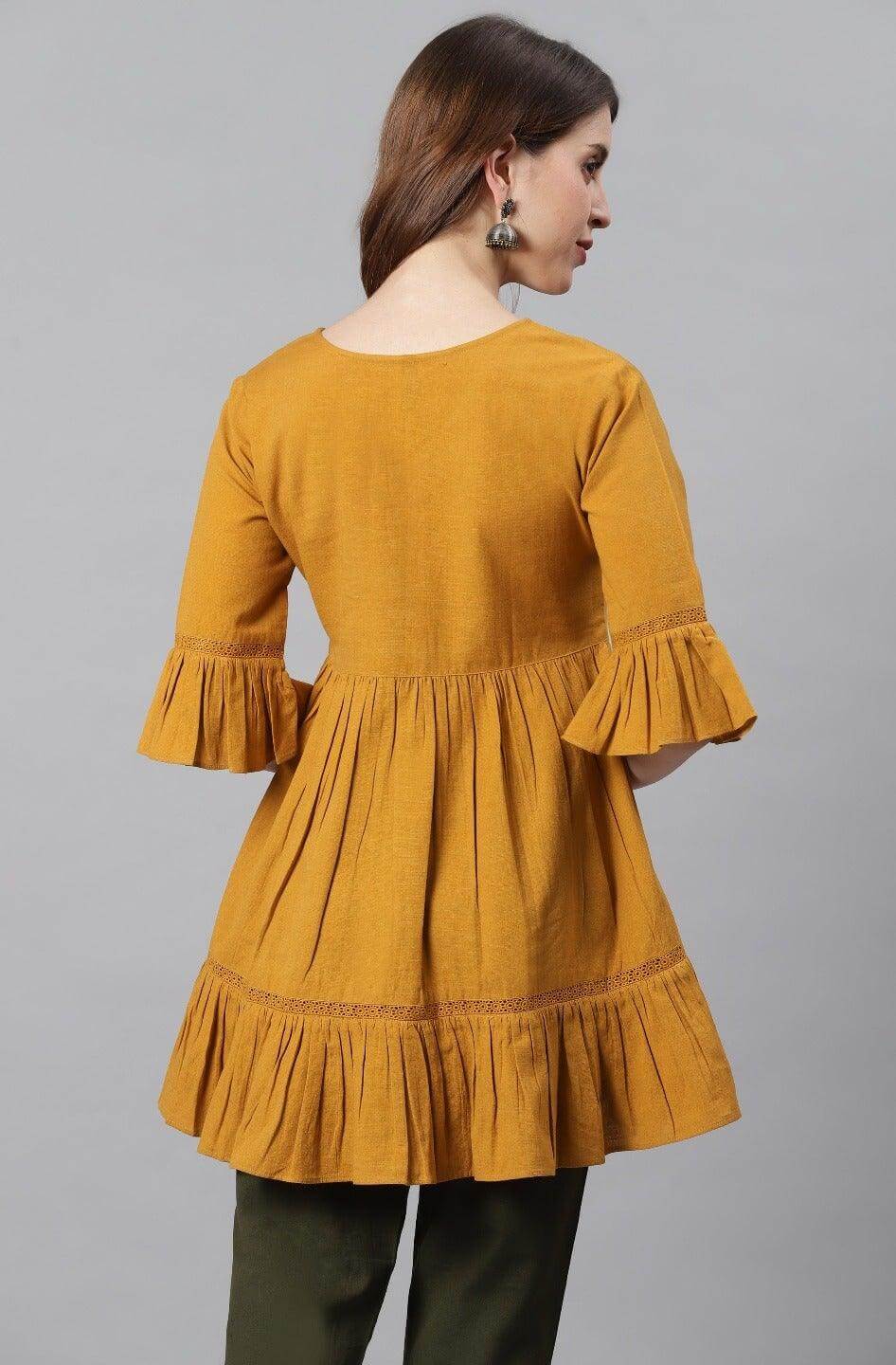 Mustard Cotton Flex Embellished Gathered Tunic Silae