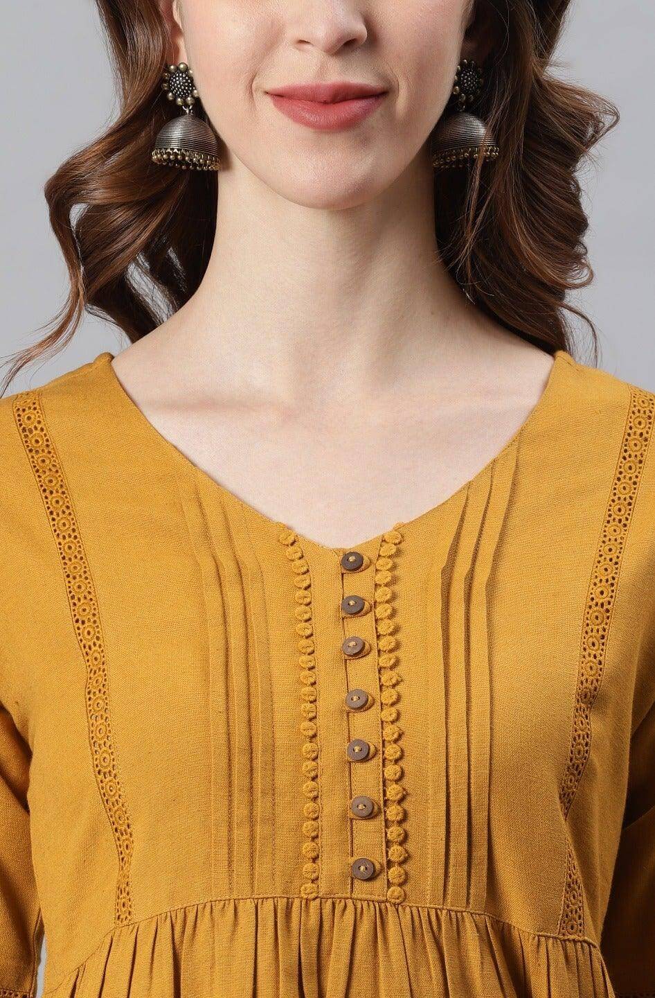 Mustard Cotton Flex Embellished Gathered Tunic Silae