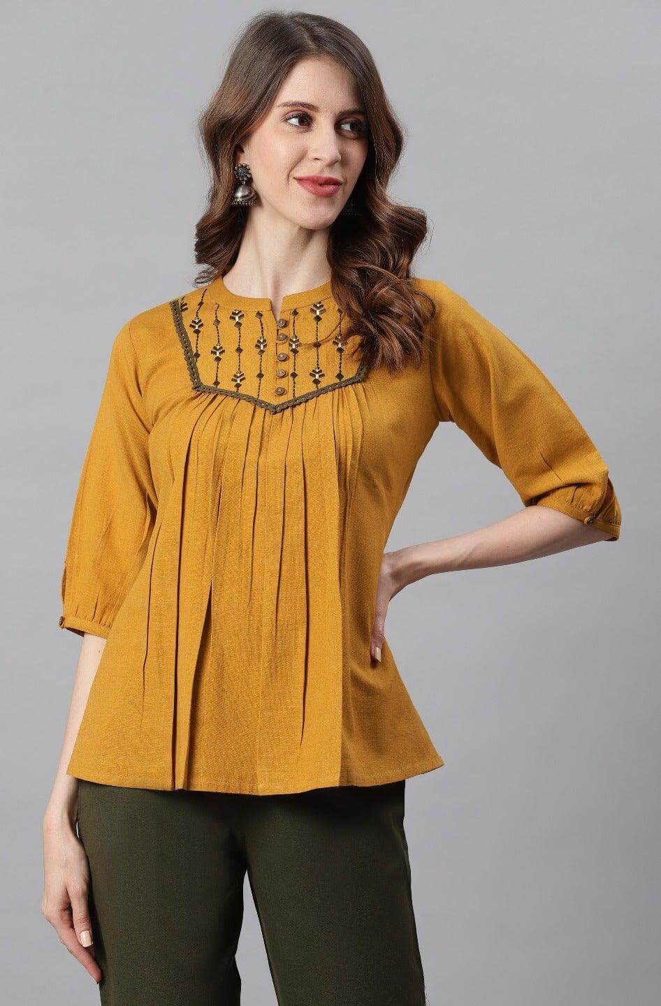 Mustard Cotton Flex Embroidered A-Line Top Silae
