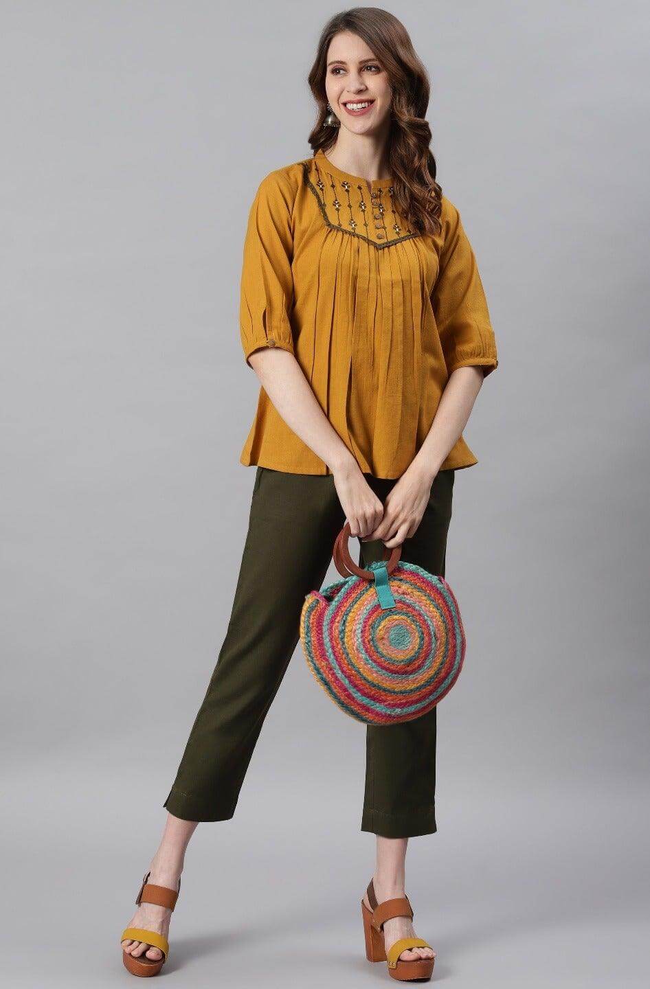 Mustard Cotton Flex Embroidered A-Line Top Silae