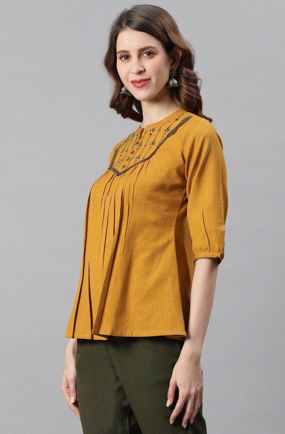 Mustard Cotton Flex Embroidered A-Line Top Silae