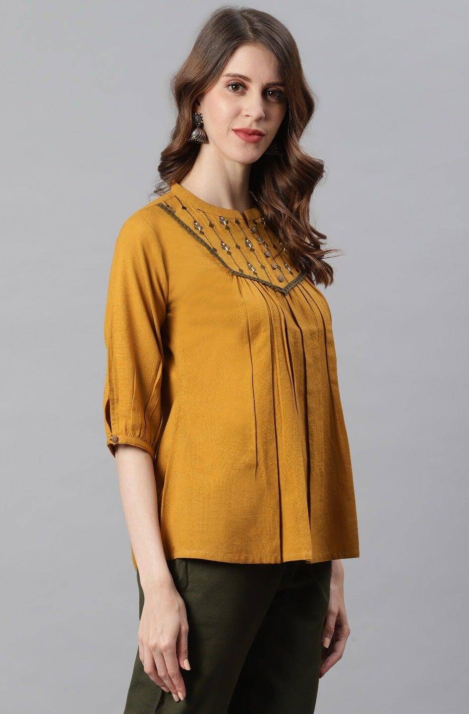 Mustard Cotton Flex Embroidered A-Line Top Silae