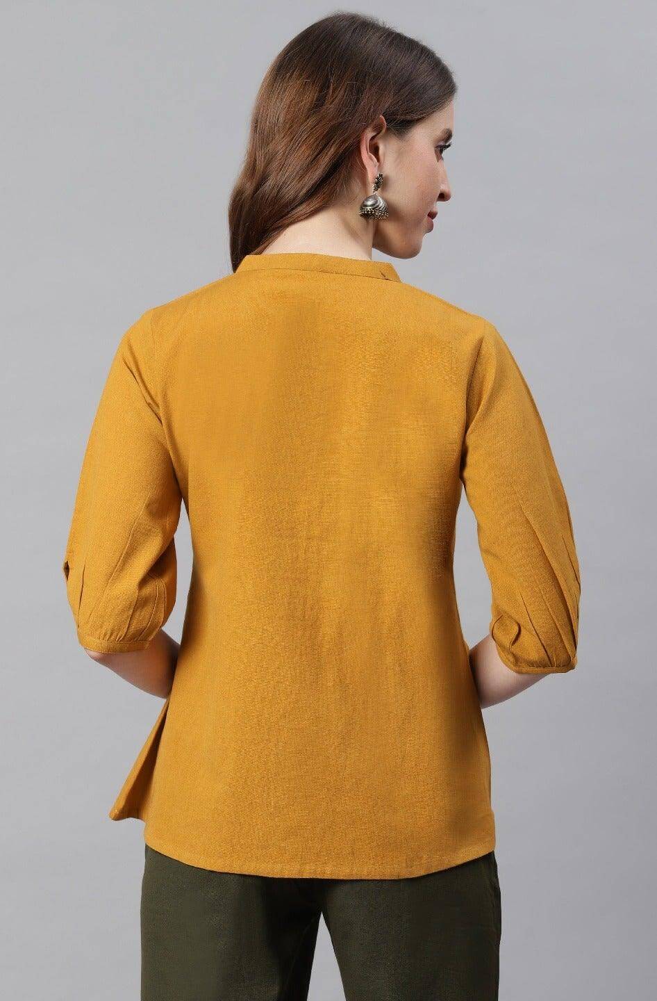 Mustard Cotton Flex Embroidered A-Line Top Silae