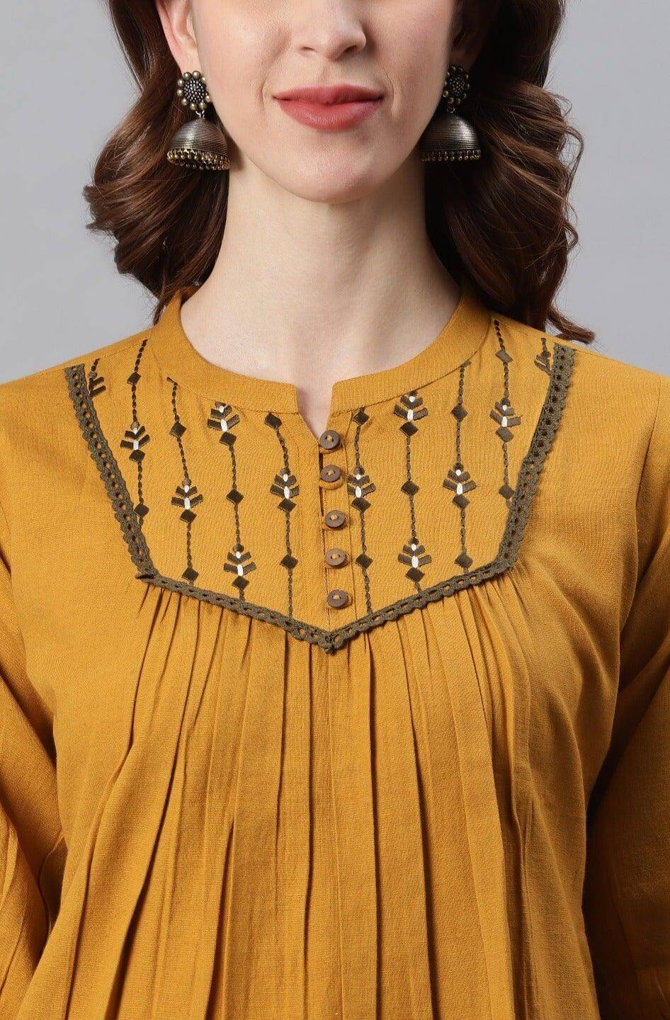 Mustard Cotton Flex Embroidered A-Line Top Silae