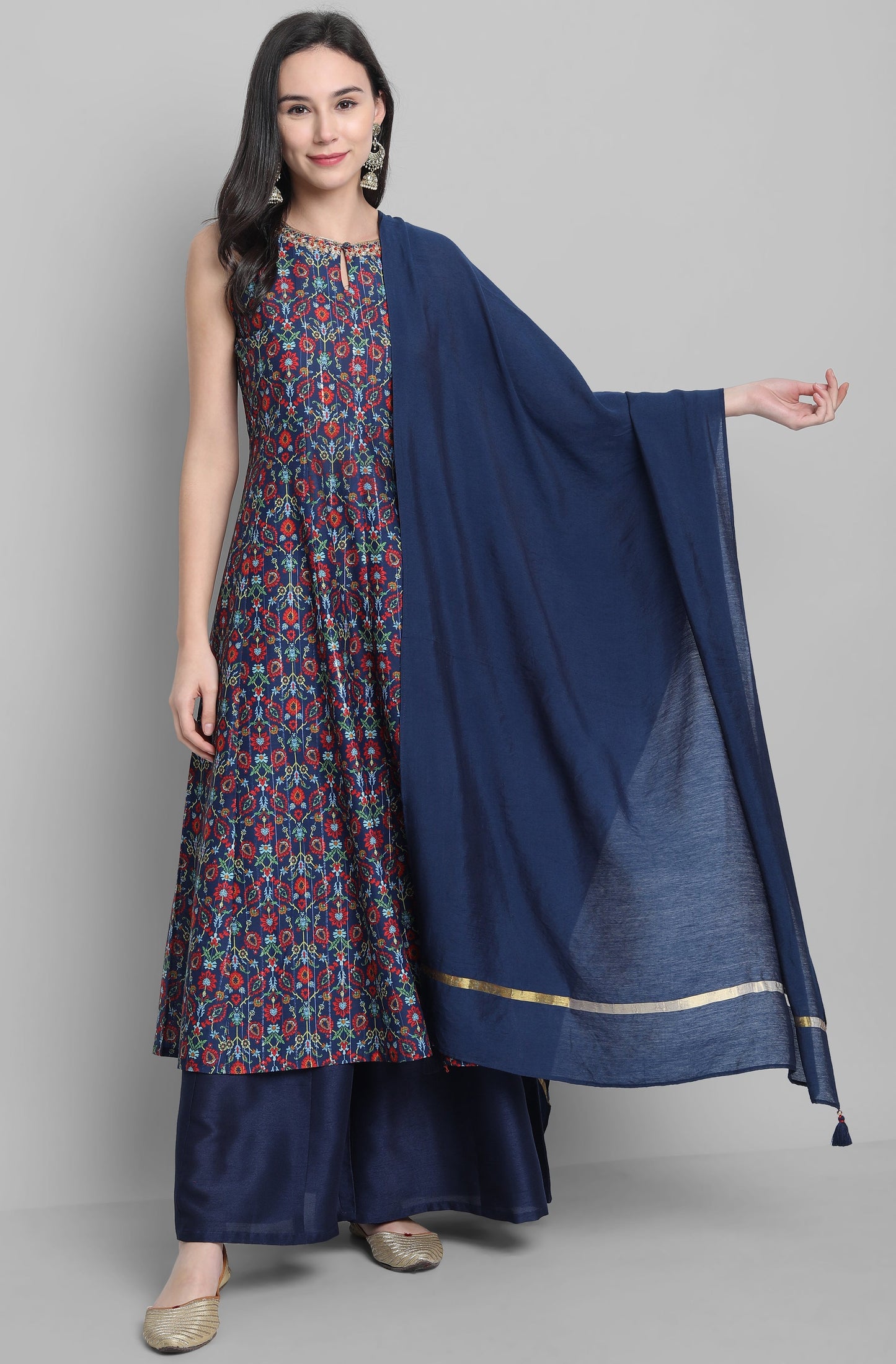 Blue Poly Muslin Embroidered Kurta With Palazzo And Dupatta Silae