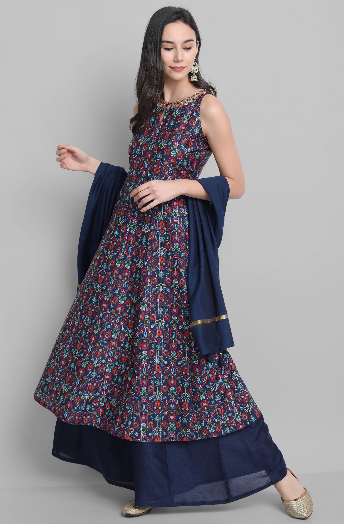 Blue Poly Muslin Embroidered Kurta With Palazzo And Dupatta Silae