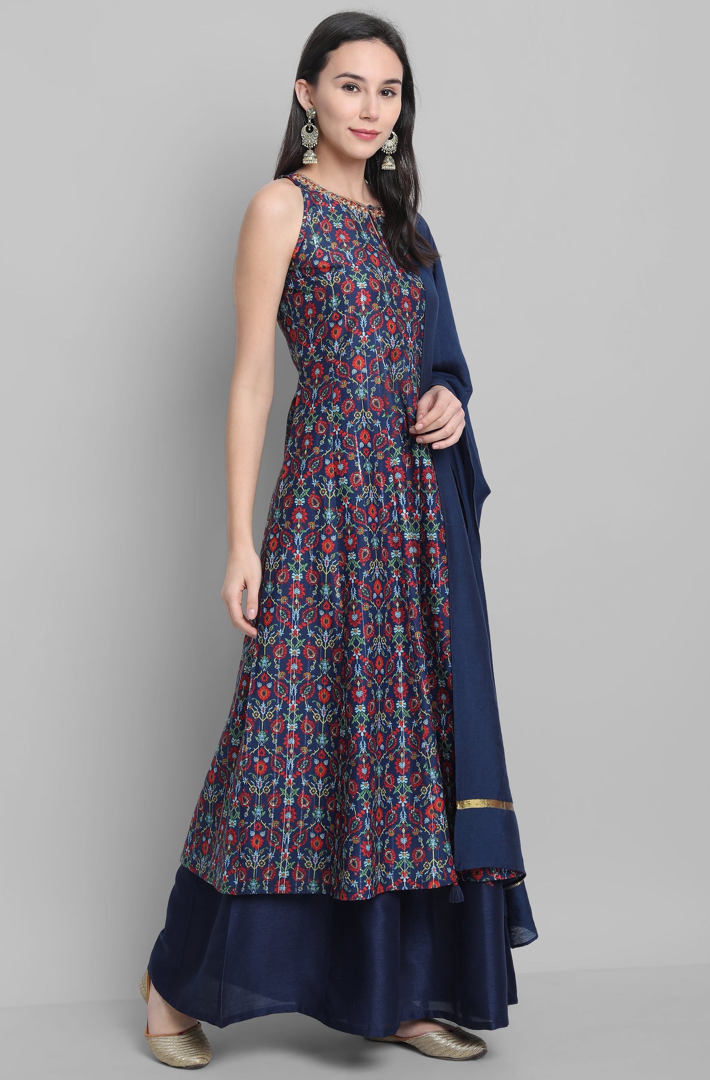Blue Poly Muslin Embroidered Kurta With Palazzo And Dupatta Silae