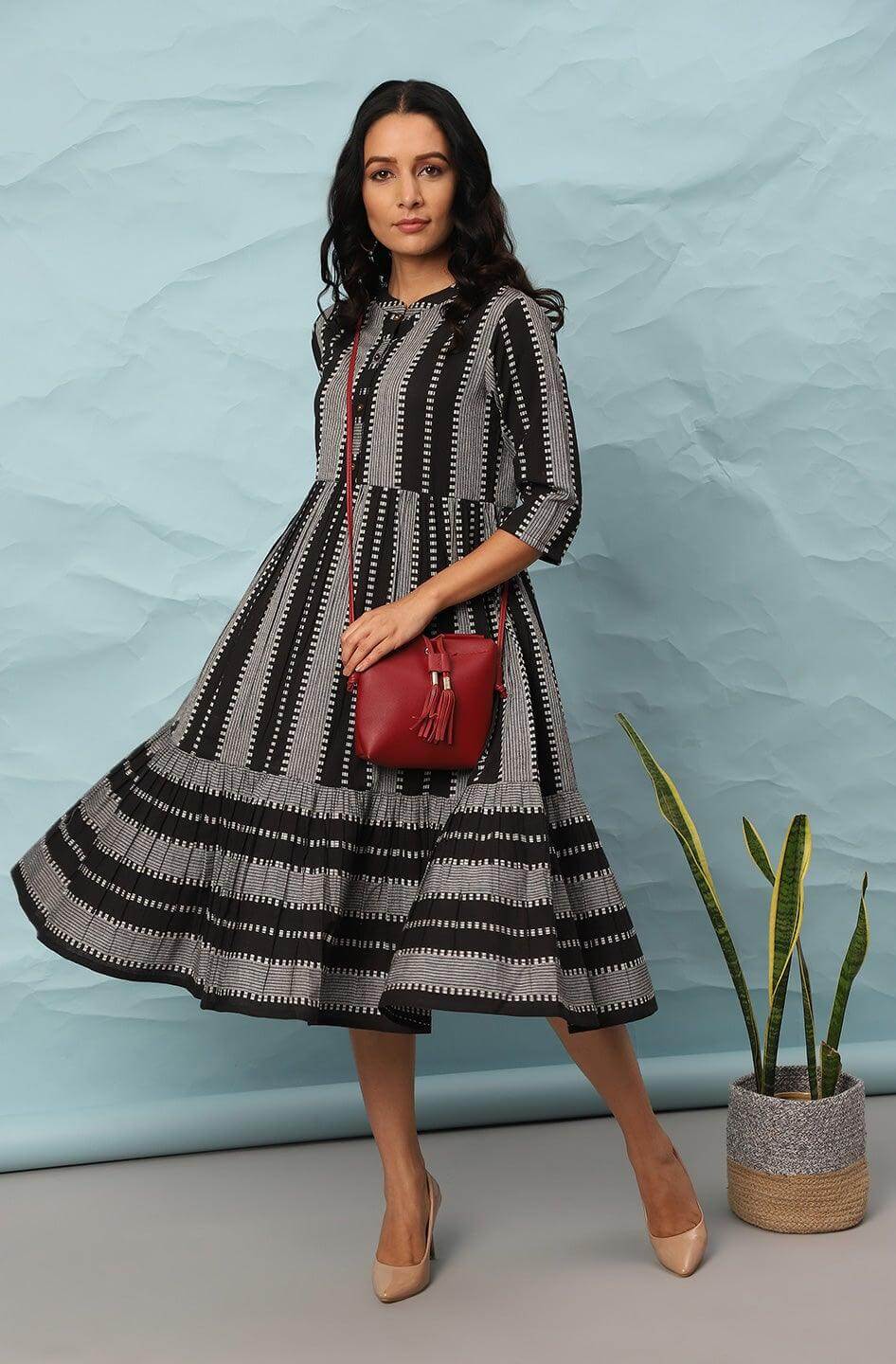 Black Cotton Striped Flared Western Dress Silae