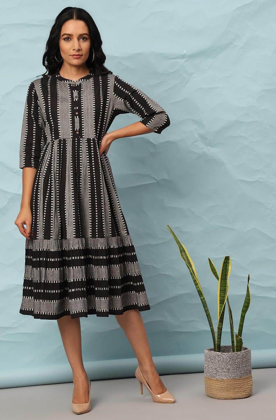 Black Cotton Striped Flared Western Dress Silae