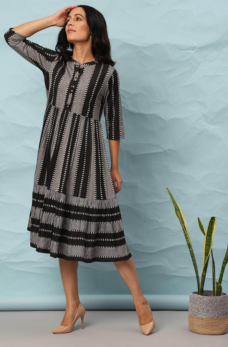 Black Cotton Striped Flared Western Dress Silae