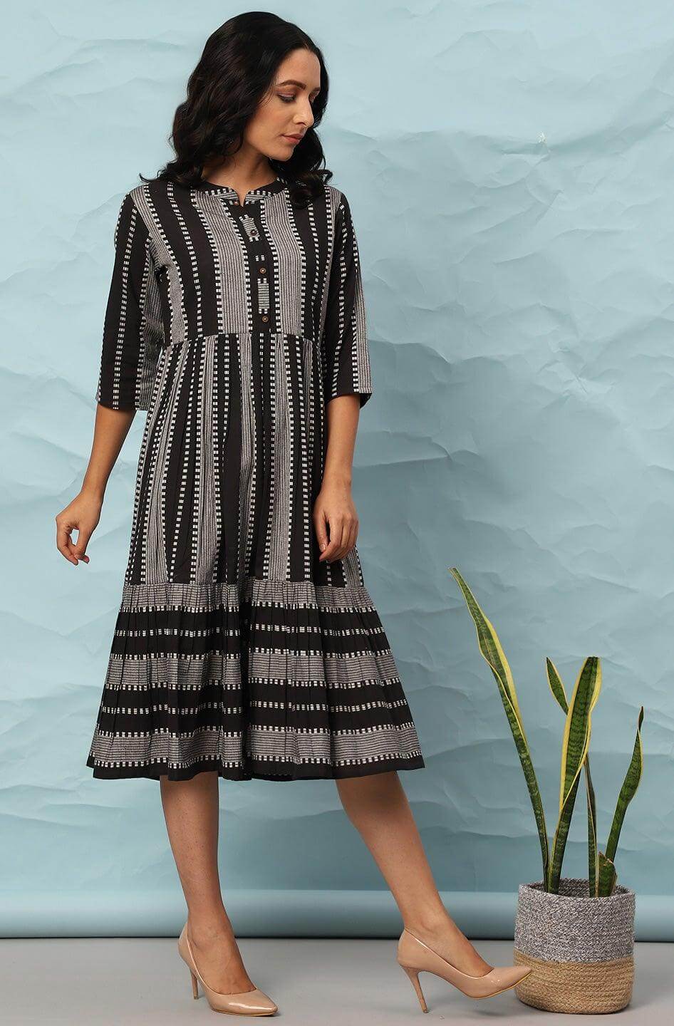 Black Cotton Striped Flared Western Dress Silae