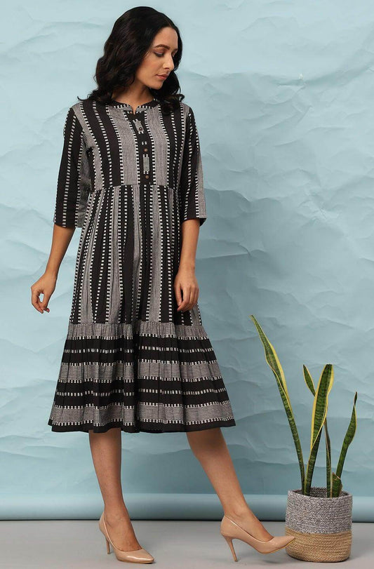 Black Cotton Striped Flared Western Dress Silae