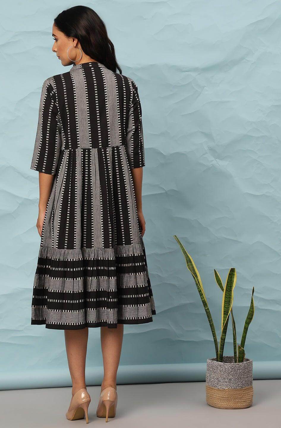 Black Cotton Striped Flared Western Dress Silae