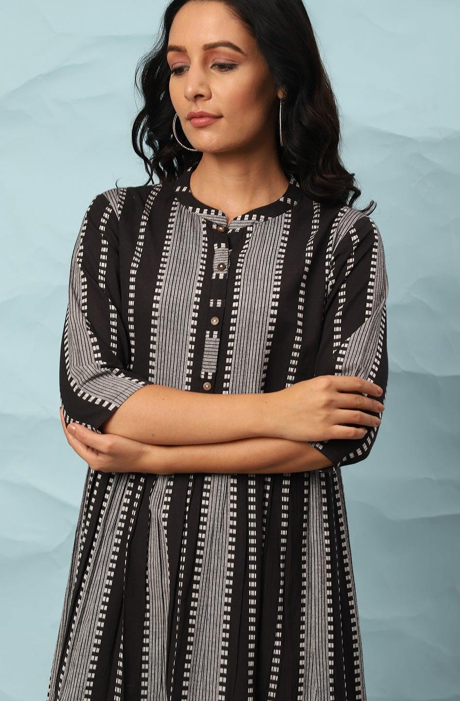 Black Cotton Striped Flared Western Dress Silae