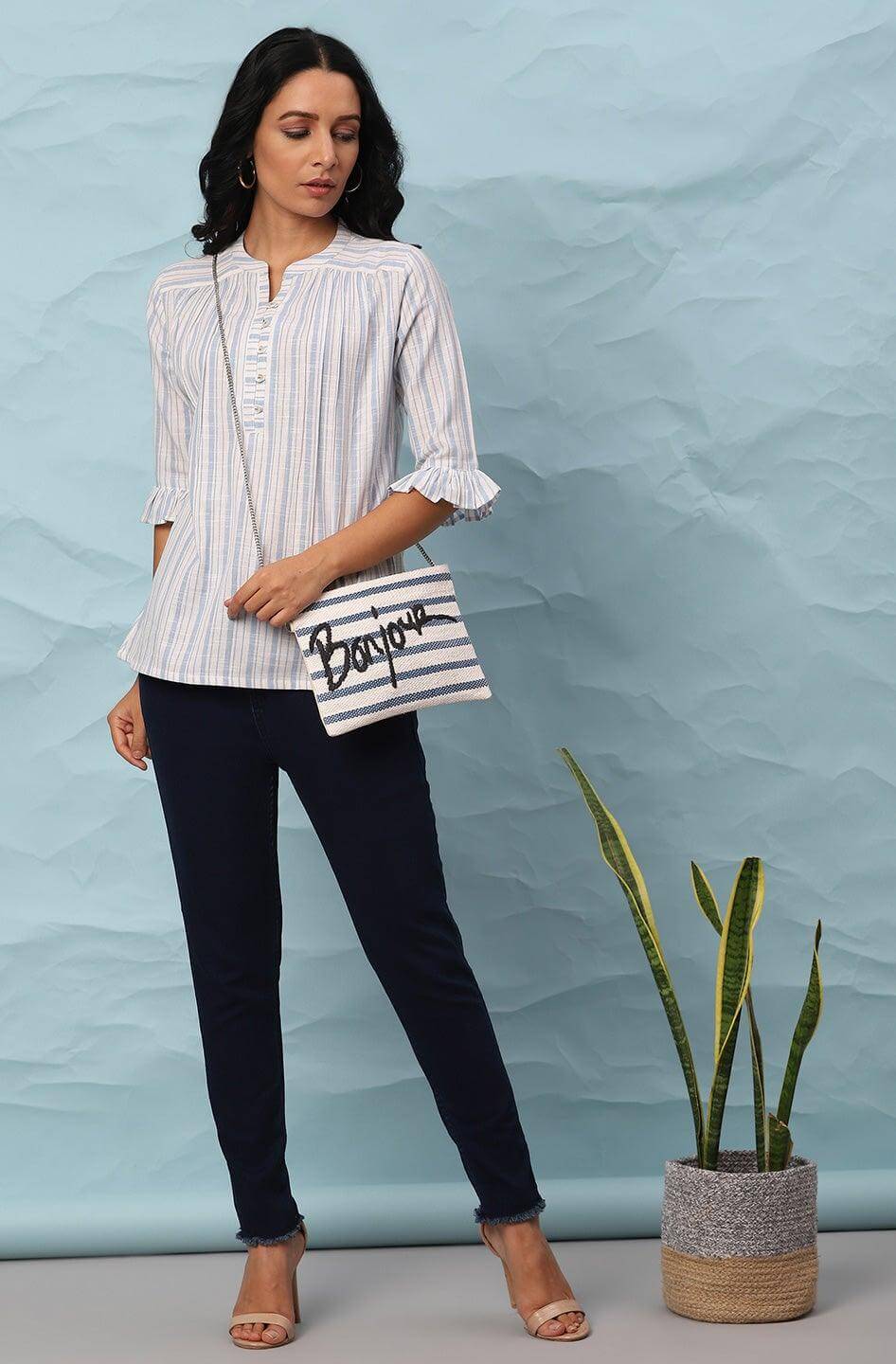 White Cotton Slub Striped Straight Top Silae