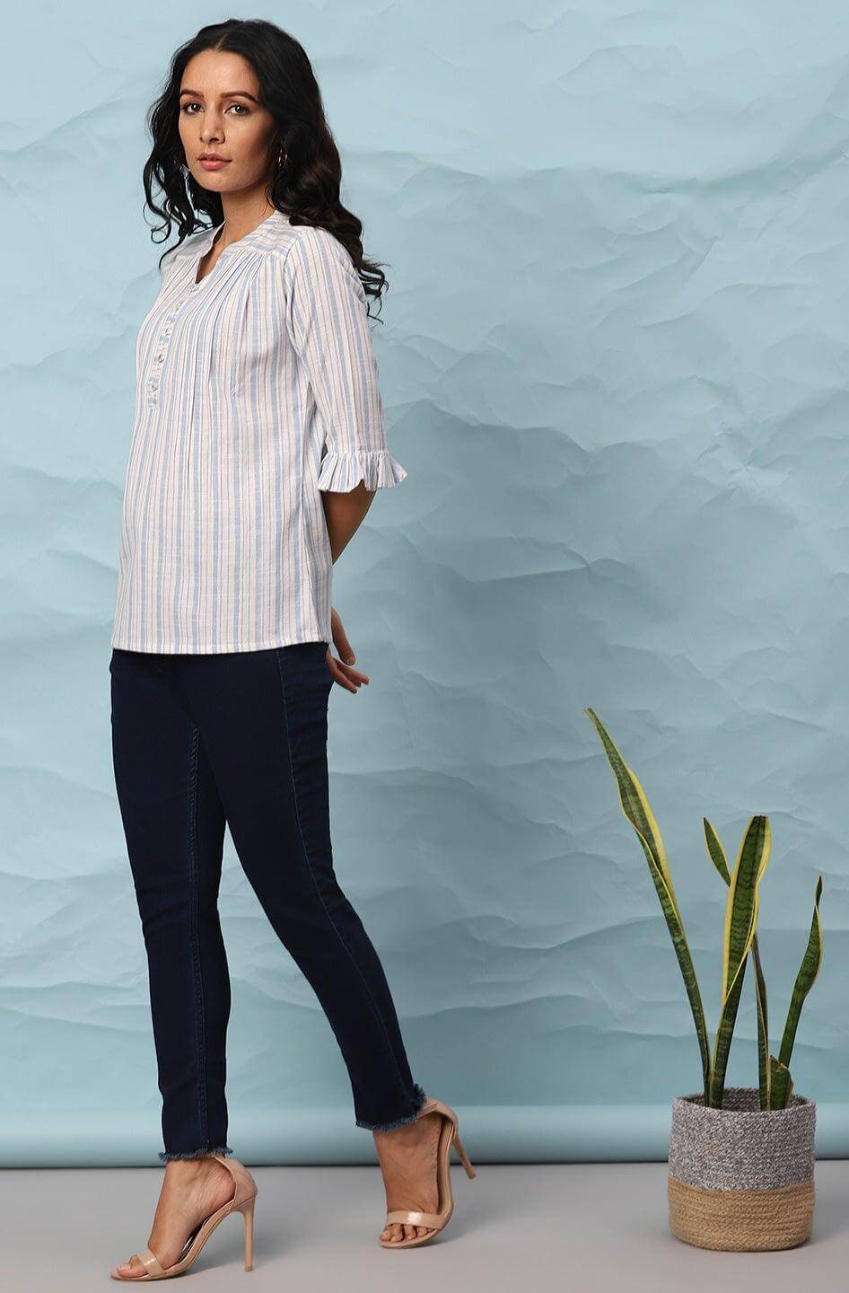 White Cotton Slub Striped Straight Top Silae