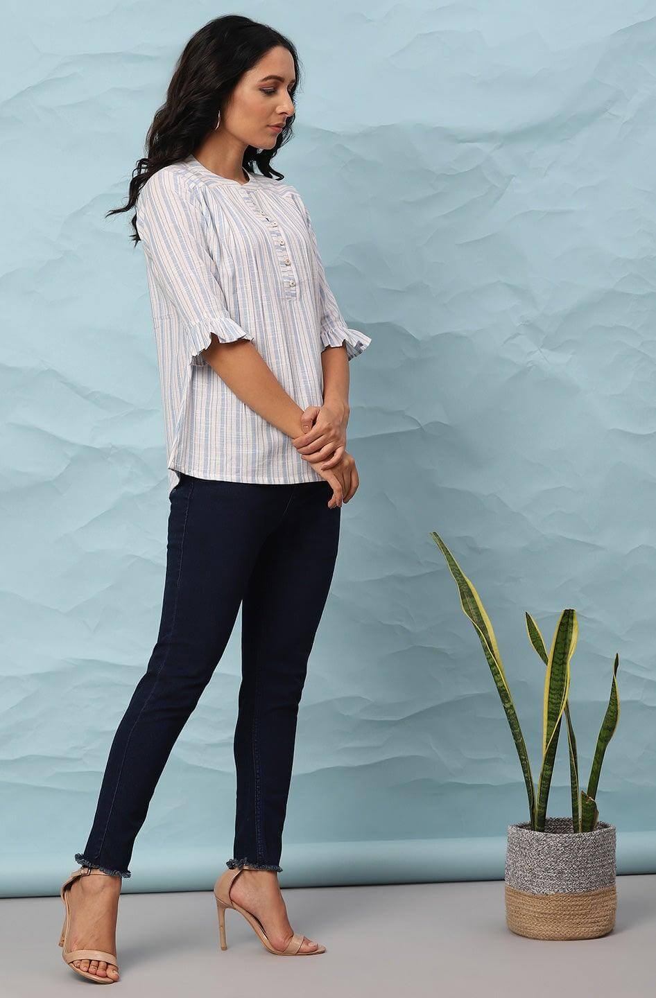 White Cotton Slub Striped Straight Top Silae