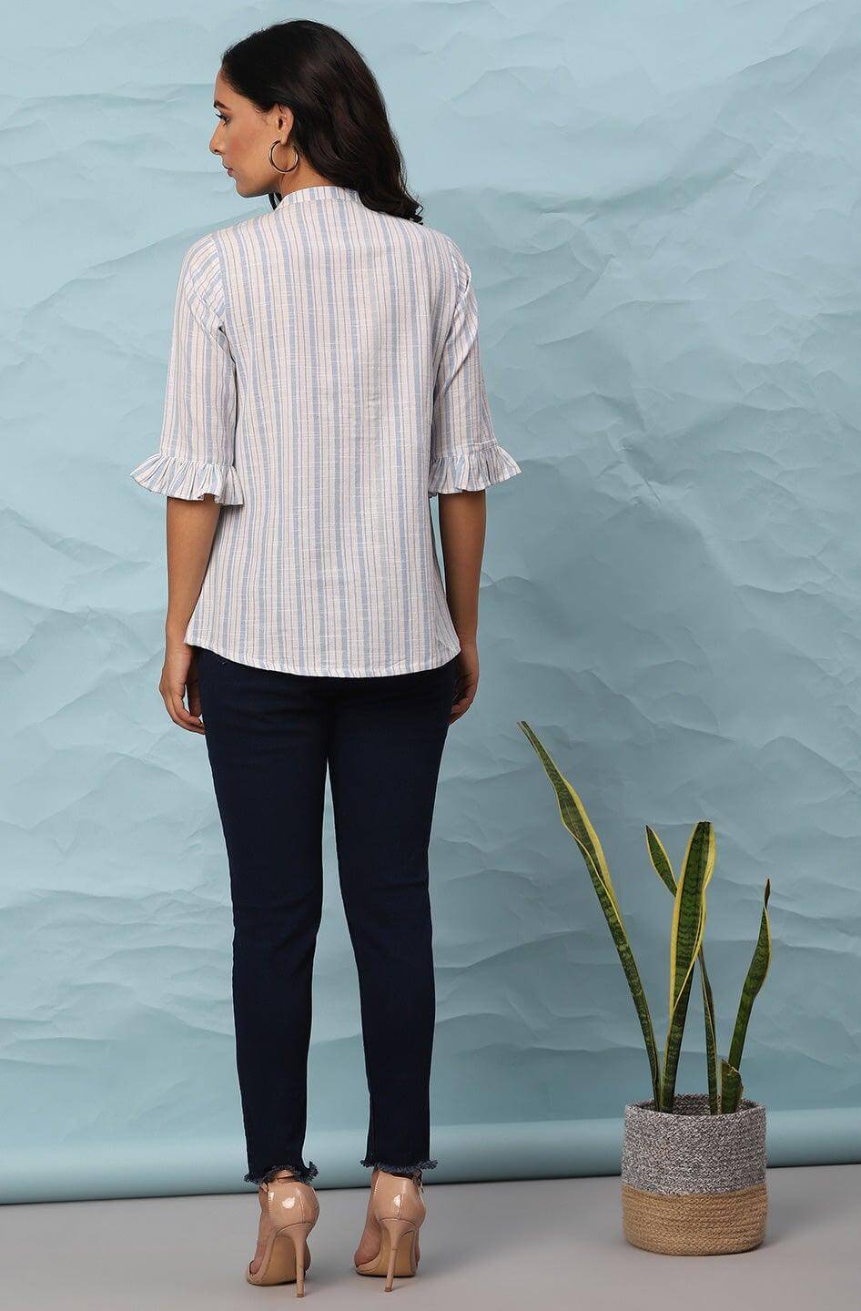 White Cotton Slub Striped Straight Top Silae