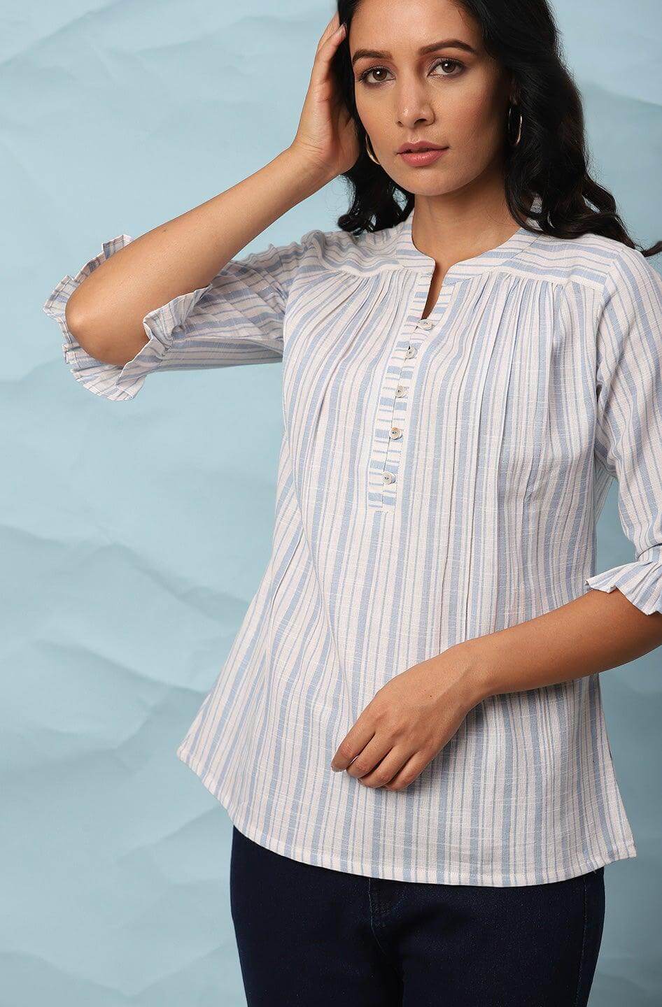 White Cotton Slub Striped Straight Top Silae