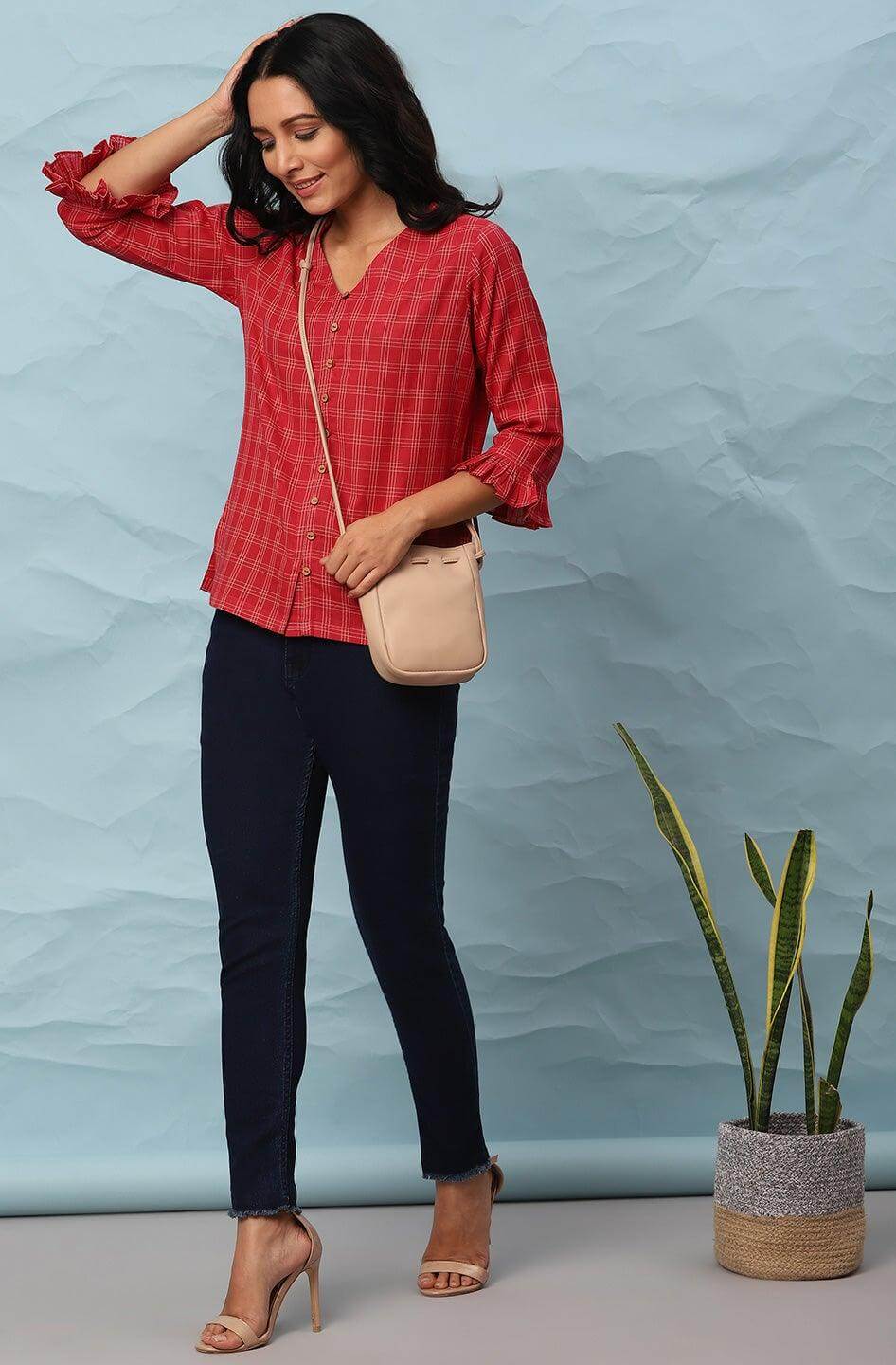 Red Cotton Checkered Regular Top Silae