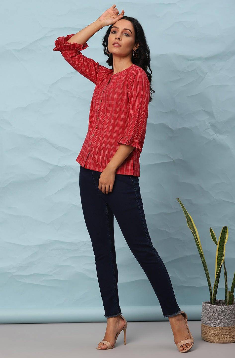 Red Cotton Checkered Regular Top Silae