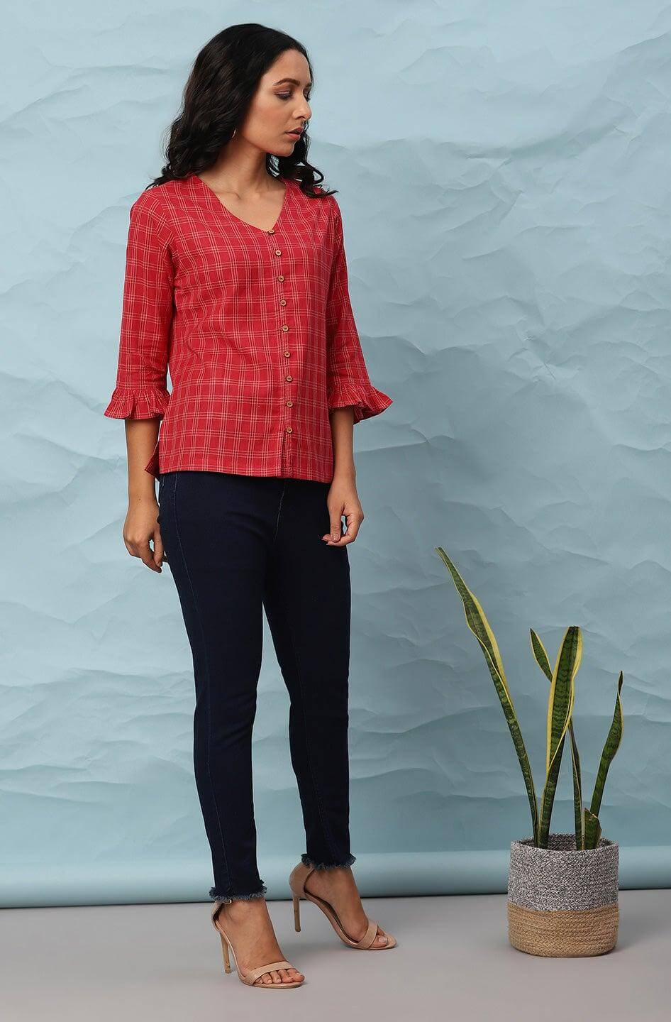 Red Cotton Checkered Regular Top Silae