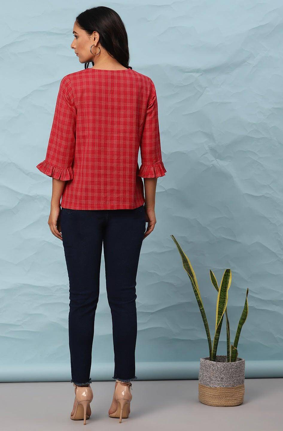 Red Cotton Checkered Regular Top Silae