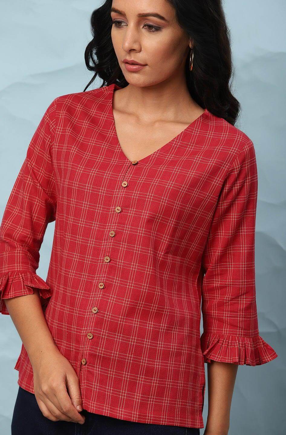 Red Cotton Checkered Regular Top Silae