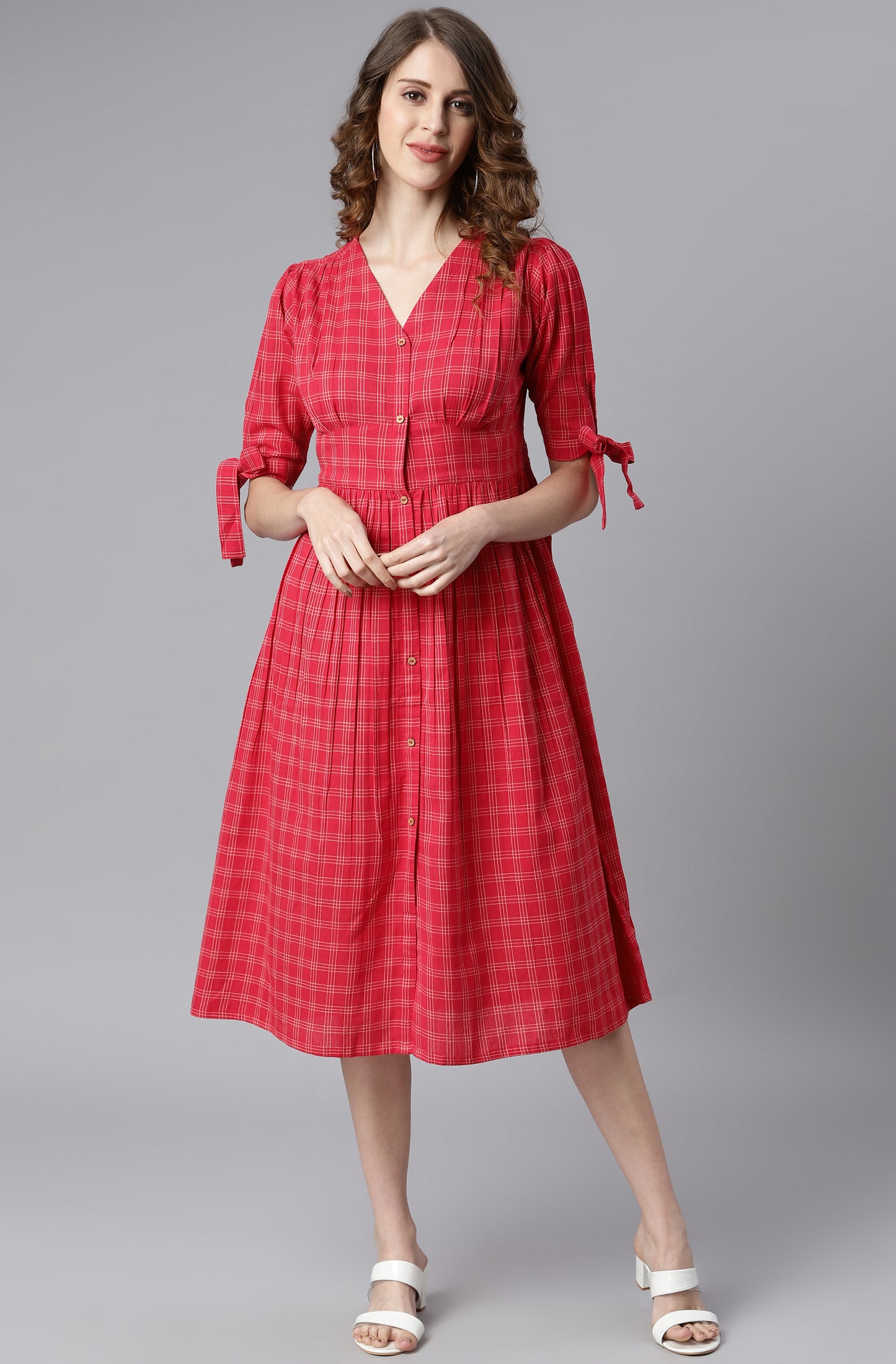 Red Cotton Checkered Flared Western Dress