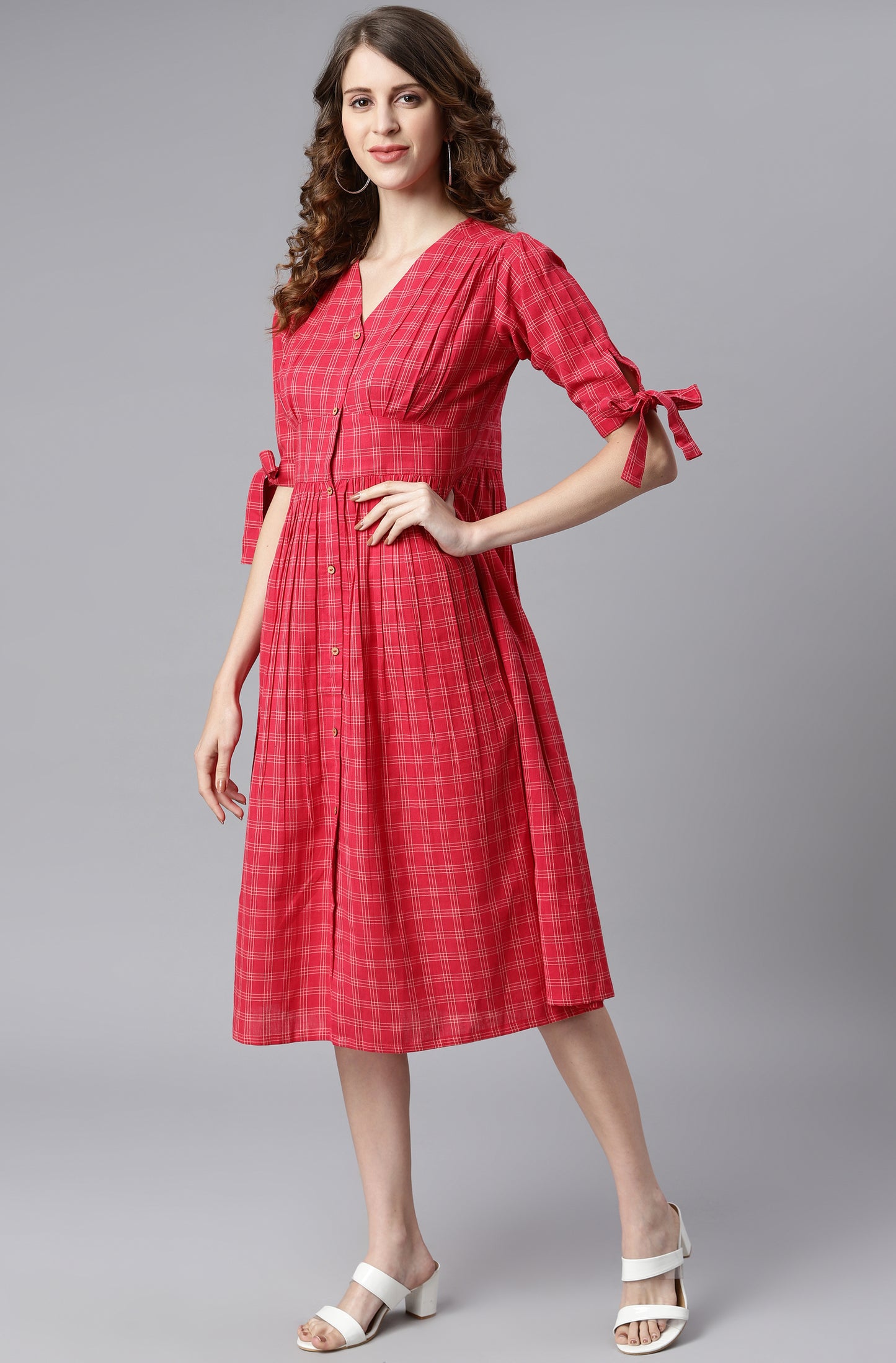 Red Cotton Checkered Flared Western Dress