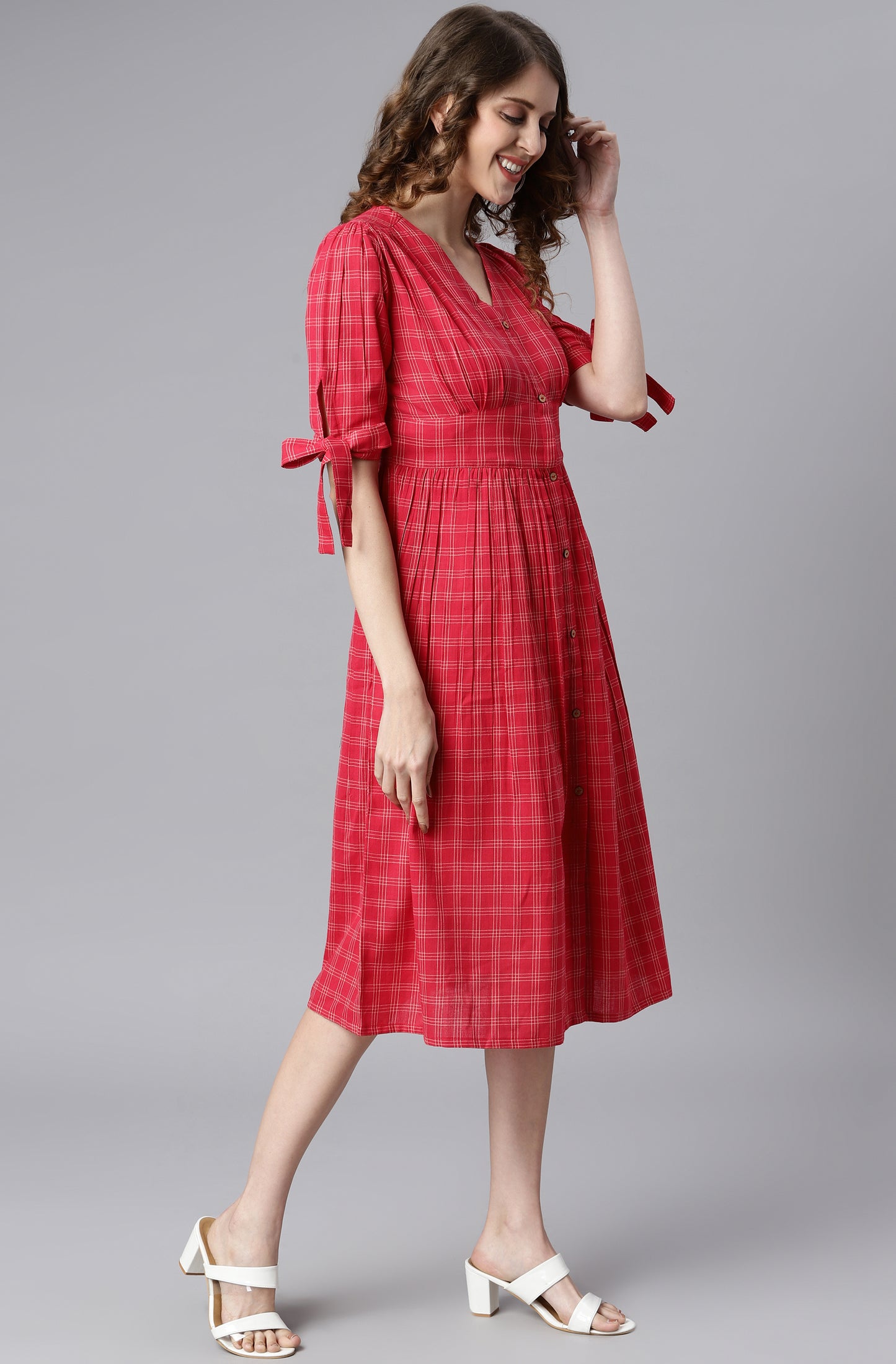 Red Cotton Checkered Flared Western Dress