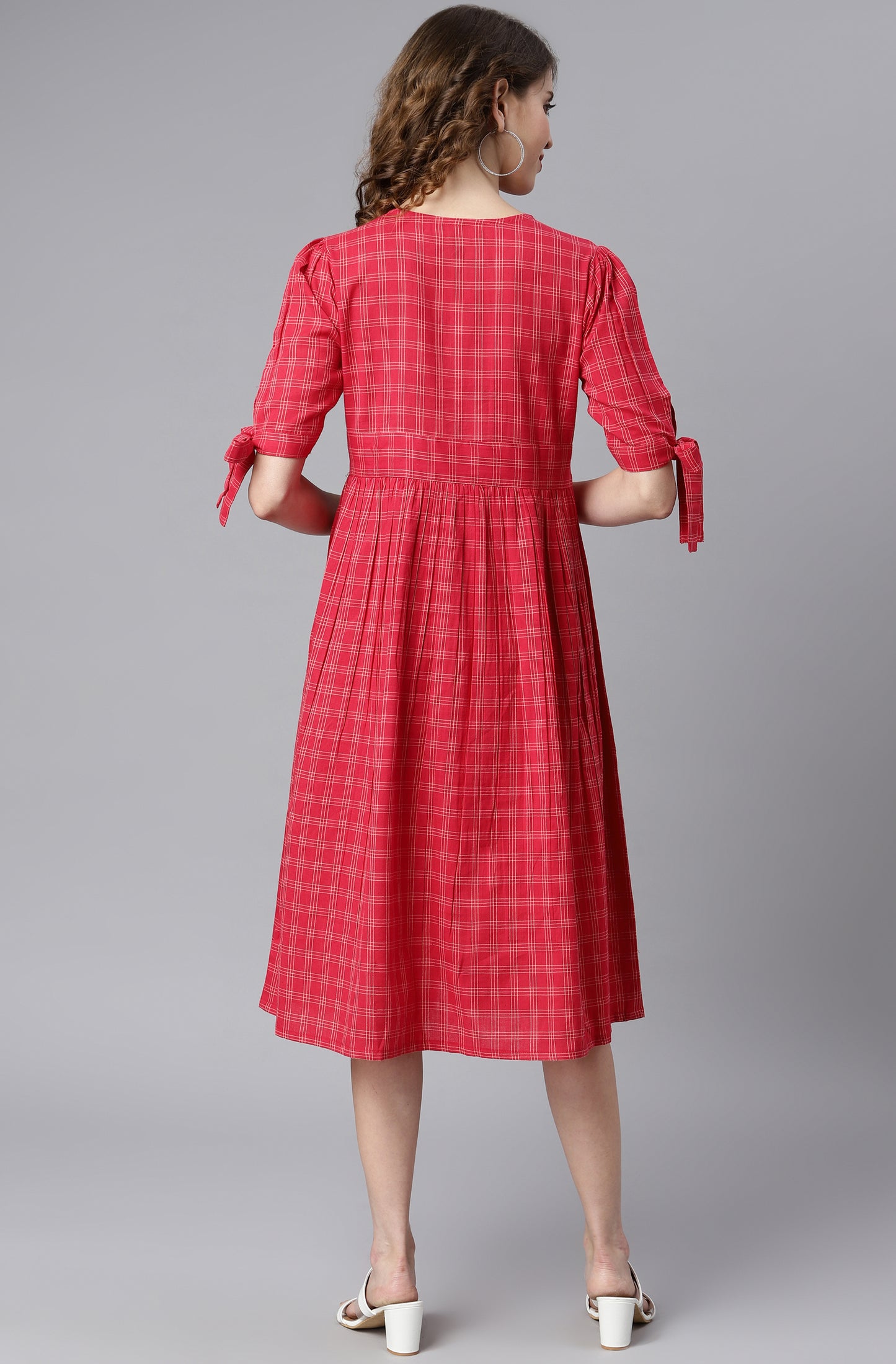 Red Cotton Checkered Flared Western Dress