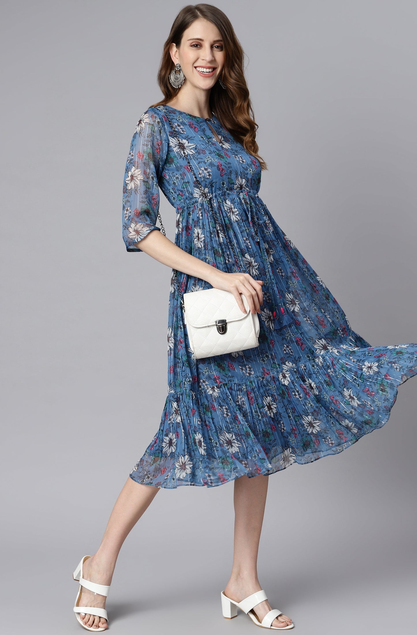 Blue Poly Georgette Floral Flared Western Dress Silae