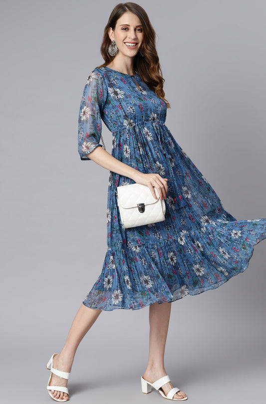 Blue Poly Georgette Floral Flared Western Dress Silae