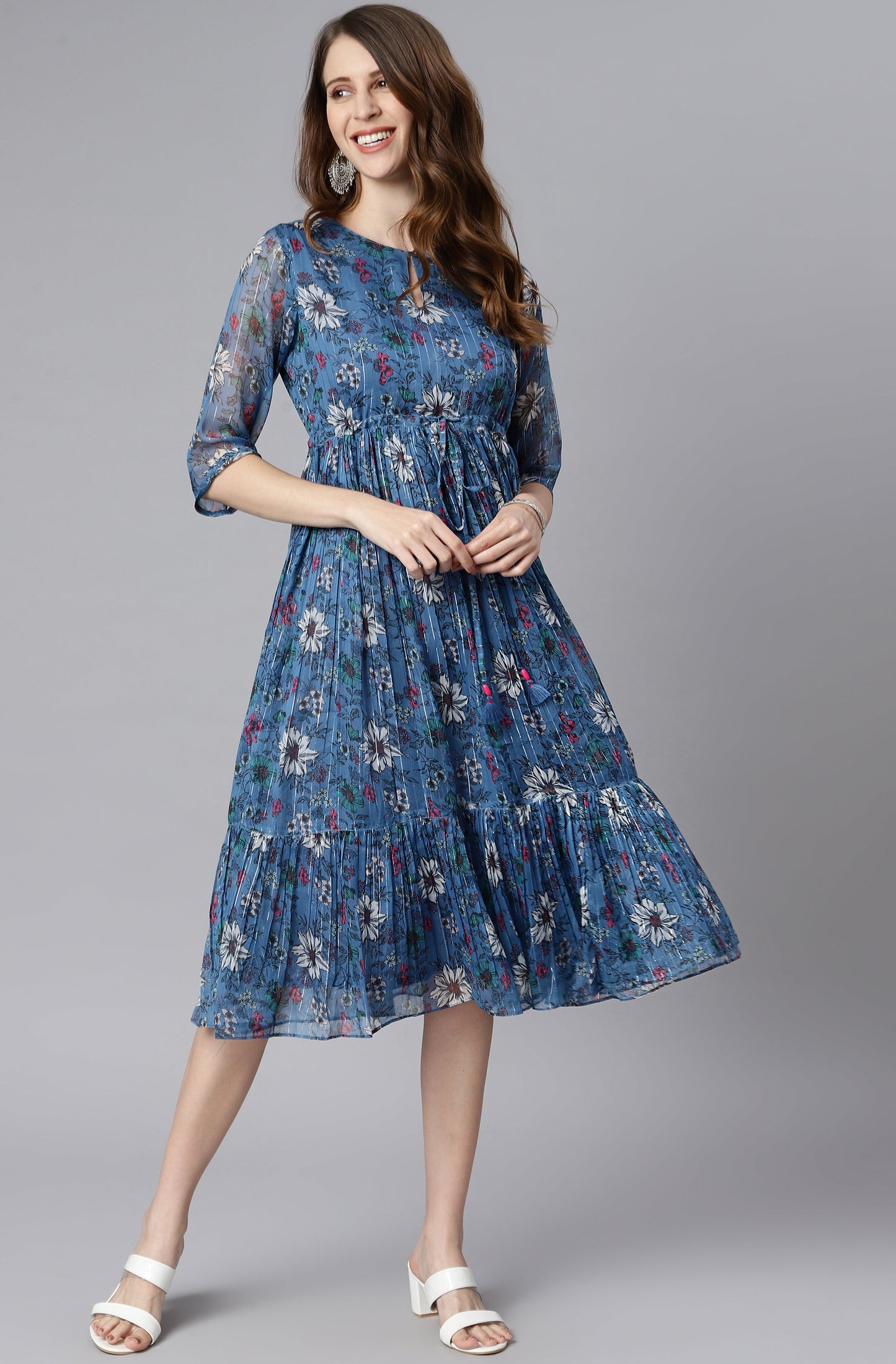 Blue Poly Georgette Floral Flared Western Dress Silae