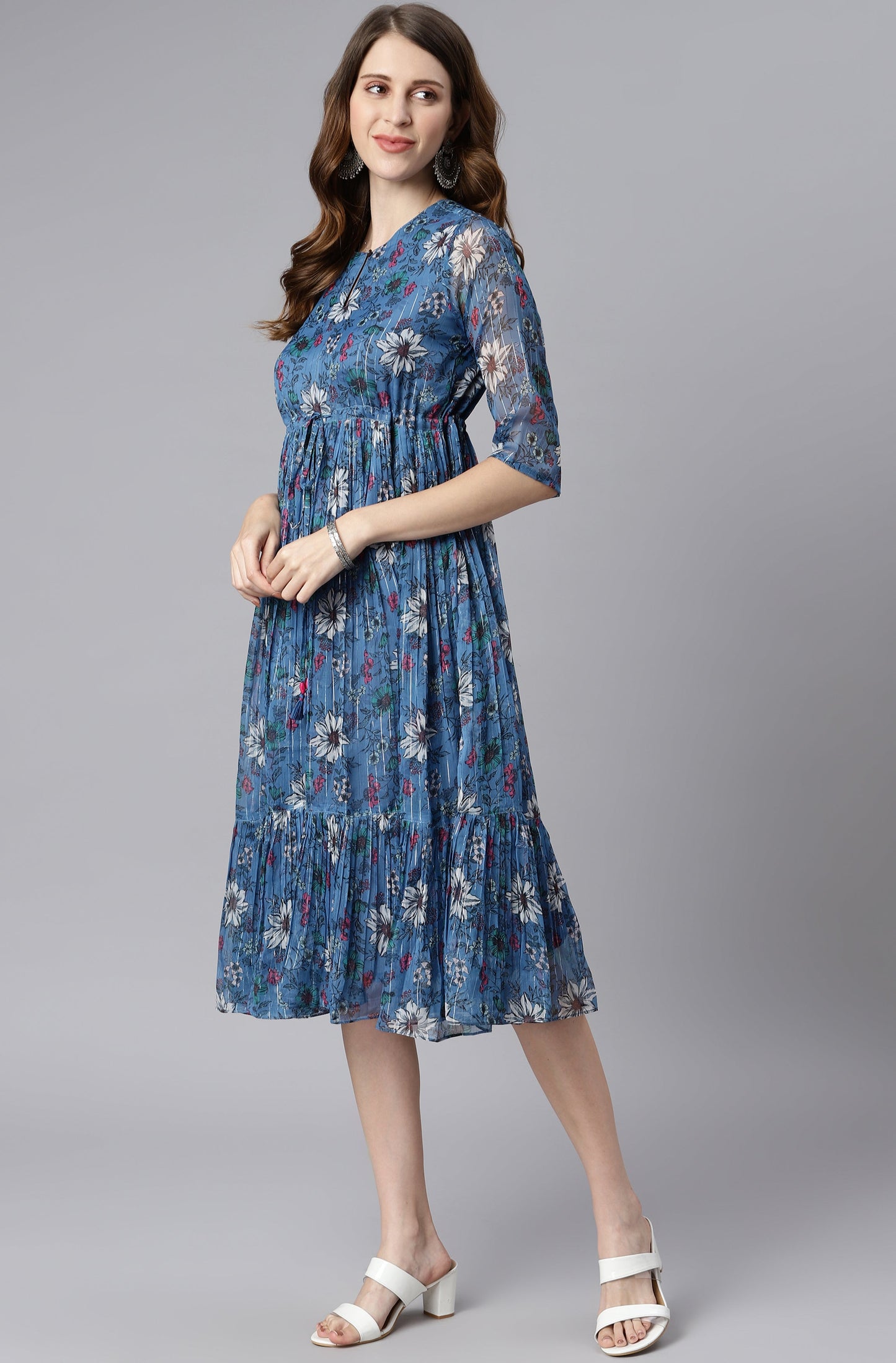 Blue Poly Georgette Floral Flared Western Dress Silae