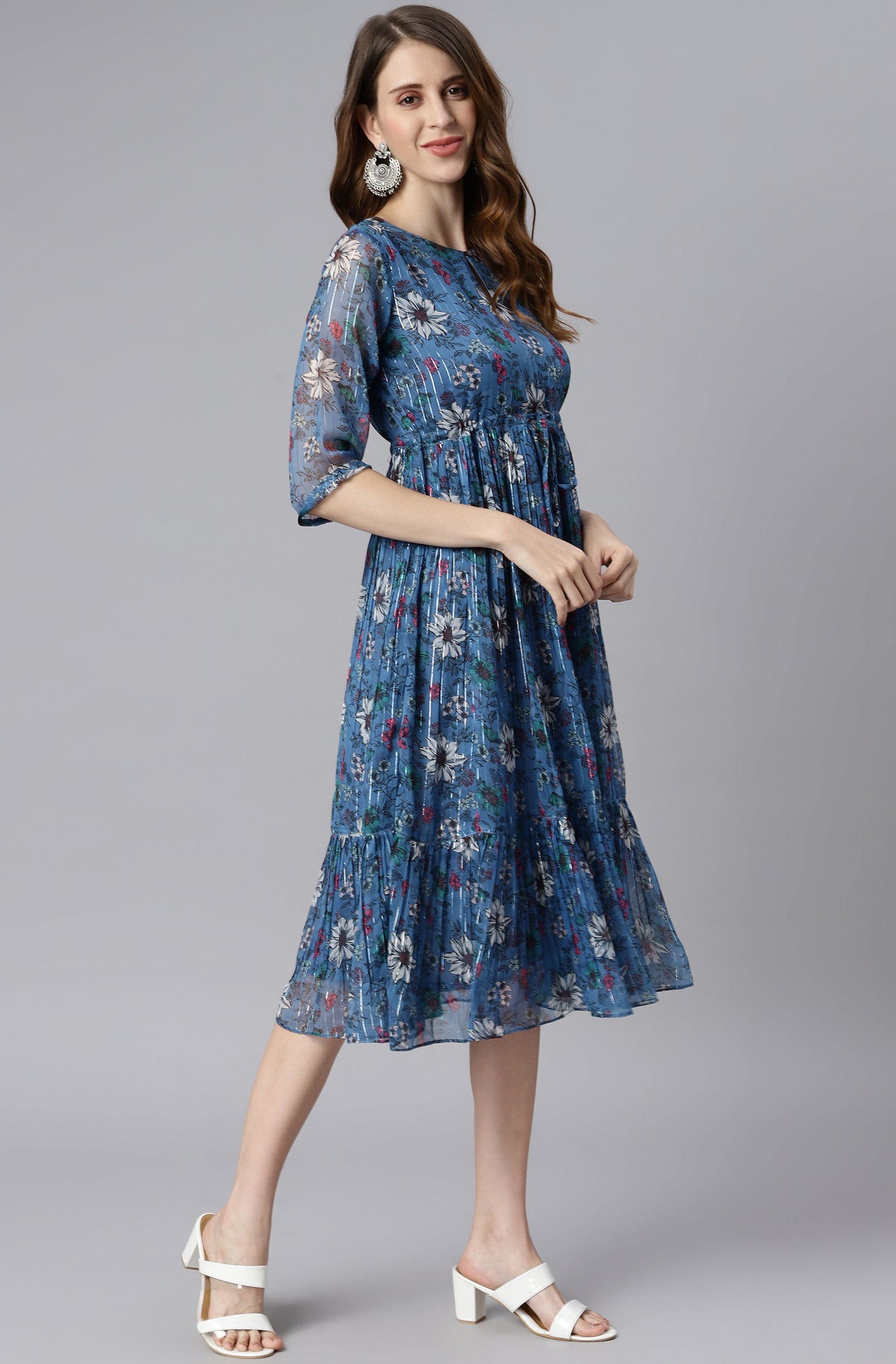 Blue Poly Georgette Floral Flared Western Dress Silae