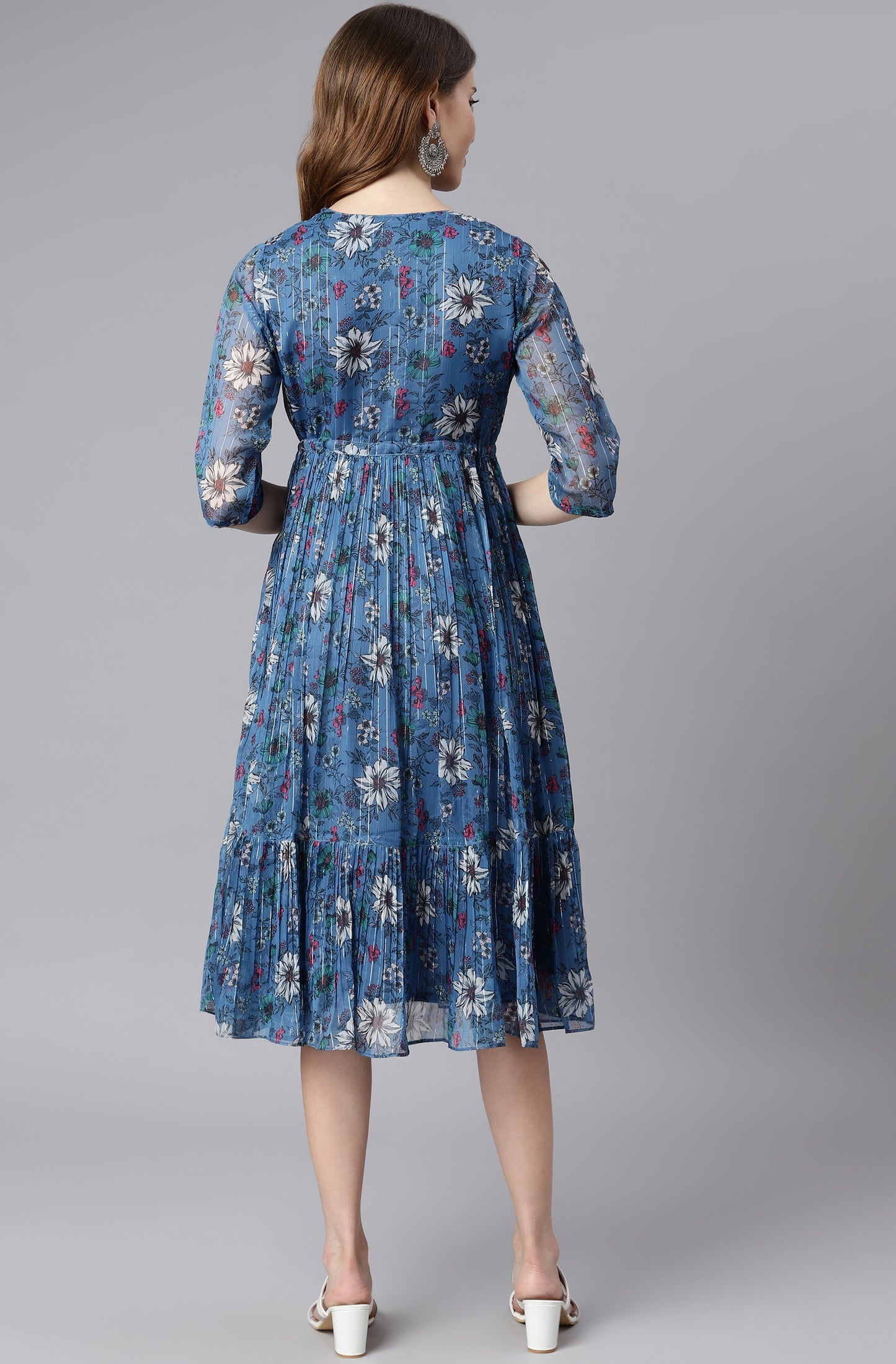 Blue Poly Georgette Floral Flared Western Dress Silae