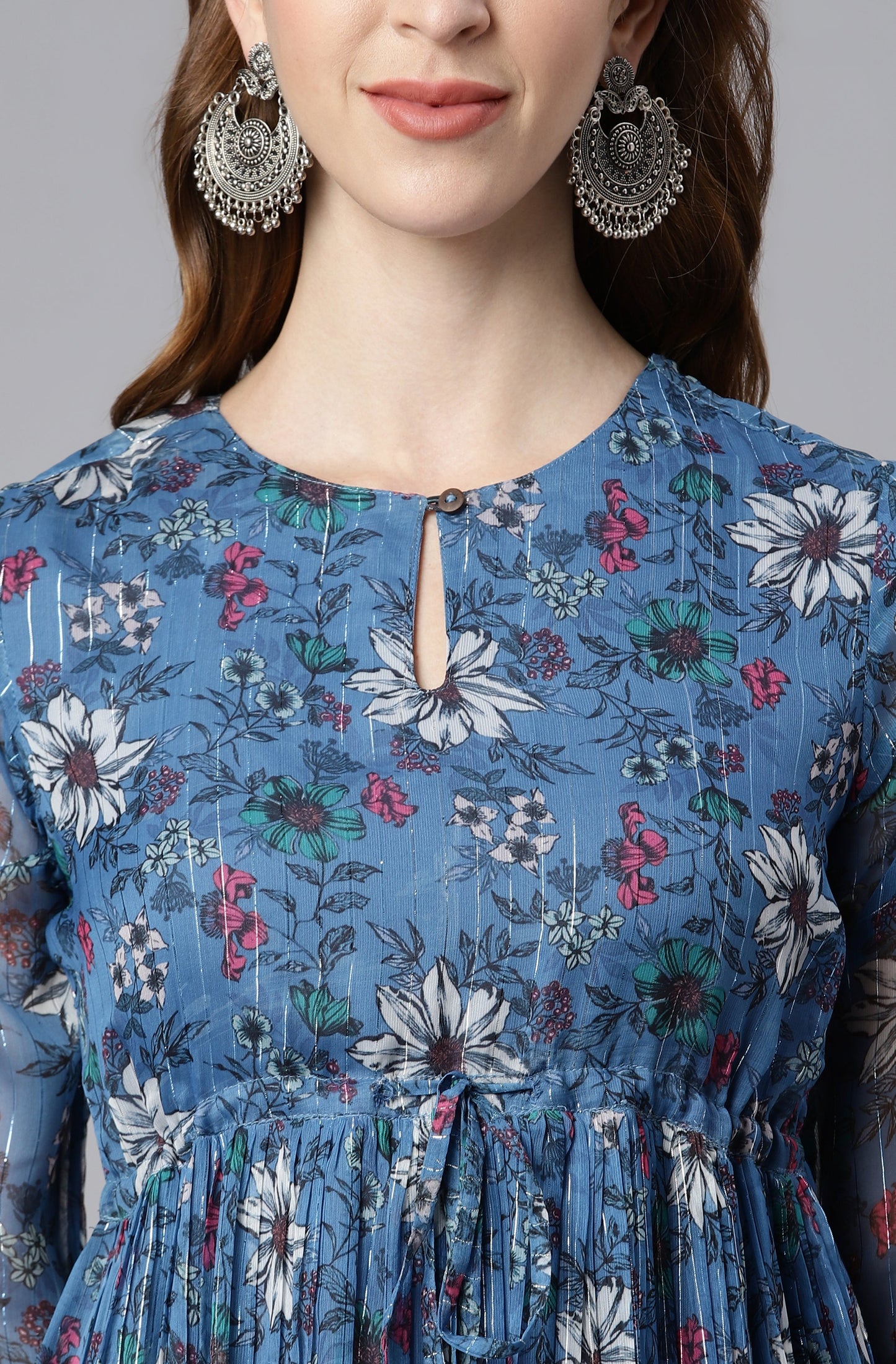 Blue Poly Georgette Floral Flared Western Dress Silae