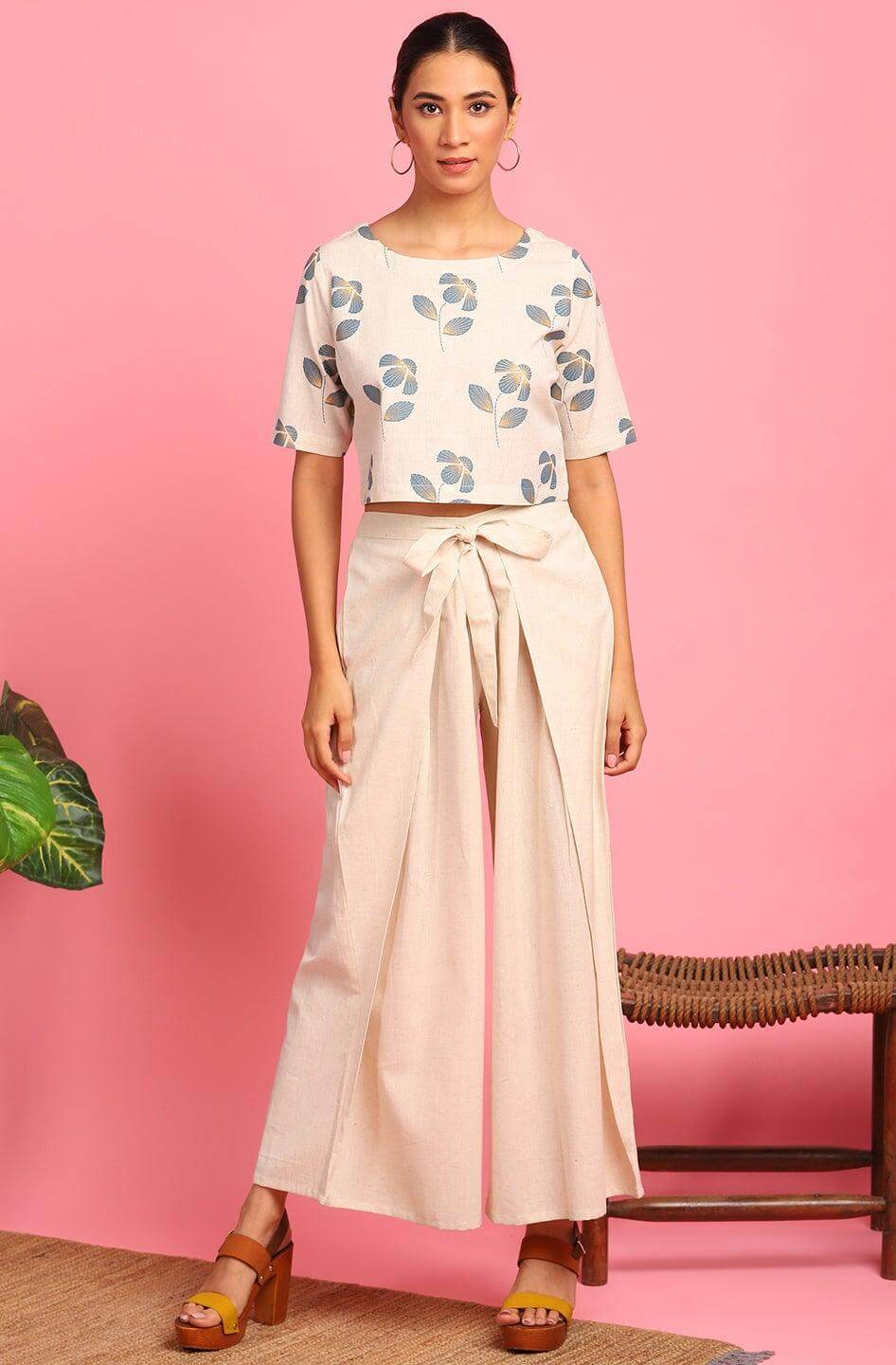 Cream Cotton Flex Floral Print Crop Top With Palazzo Silae