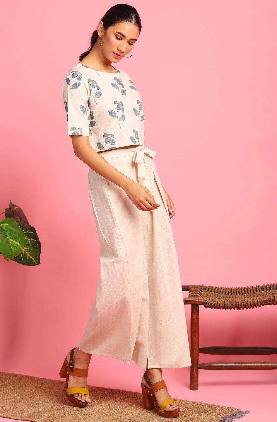 Cream Cotton Flex Floral Print Crop Top With Palazzo Silae