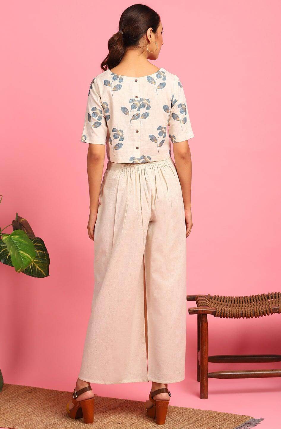 Cream Cotton Flex Floral Print Crop Top With Palazzo Silae