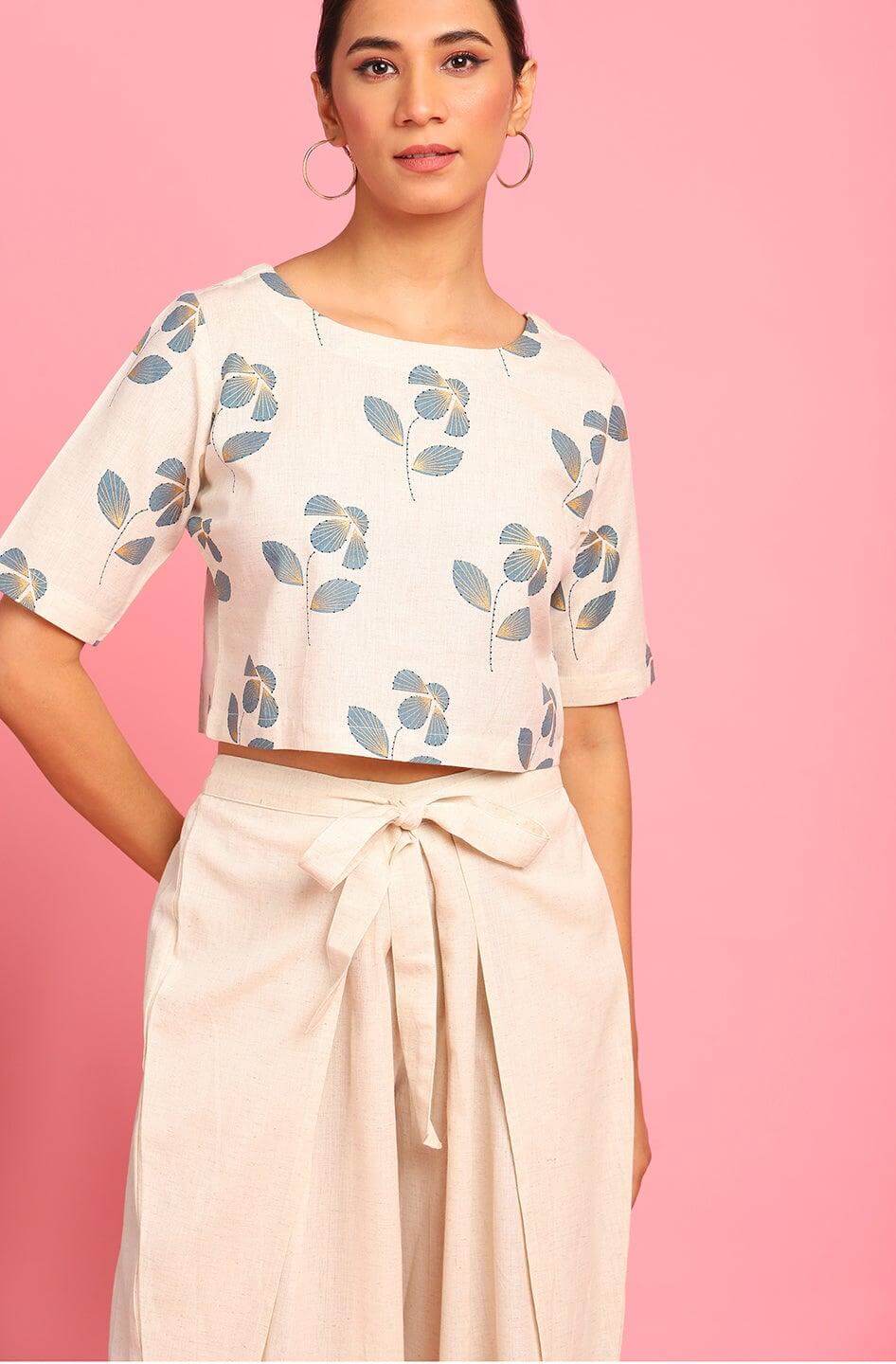 Cream Cotton Flex Floral Print Crop Top With Palazzo Silae