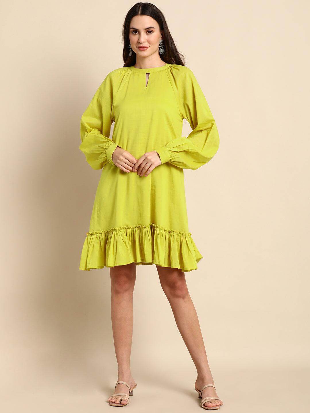 Yellow Cotton Solid Drop-Waist Western Dress Silae