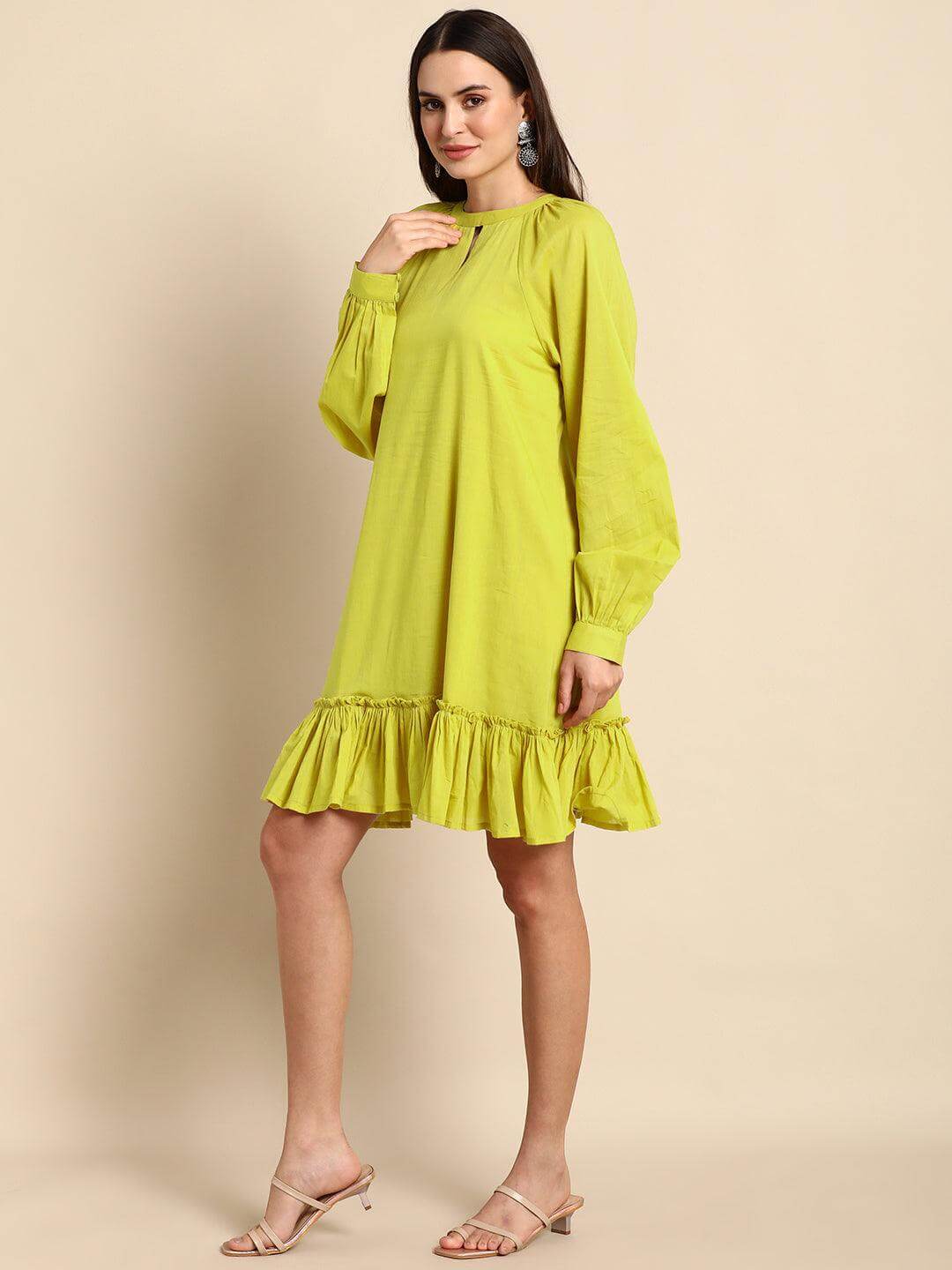 Yellow Cotton Solid Drop-Waist Western Dress Silae