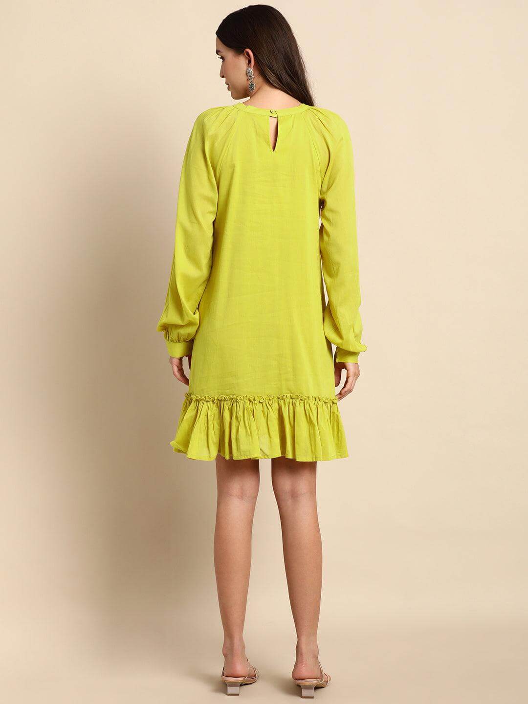 Yellow Cotton Solid Drop-Waist Western Dress Silae
