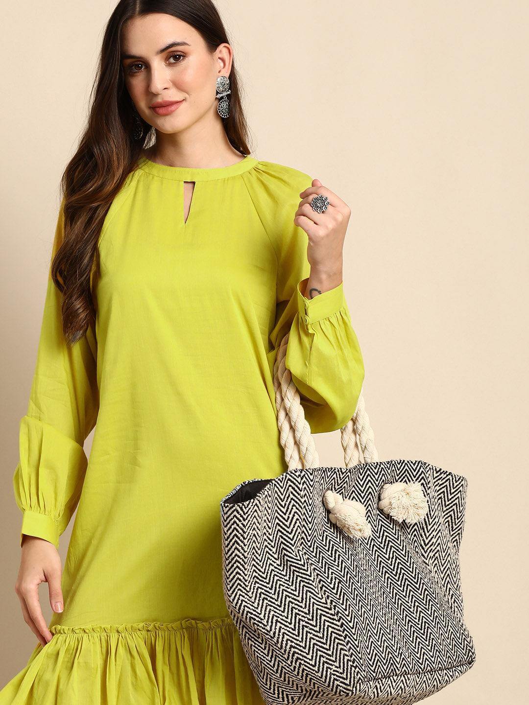 Yellow Cotton Solid Drop-Waist Western Dress Silae