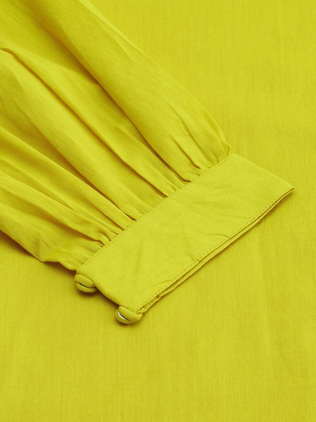 Yellow Cotton Solid Drop-Waist Western Dress Silae