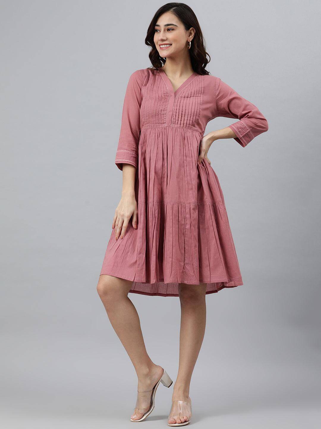 Coral Pink Cotton Solid Flared Western Dress Silae