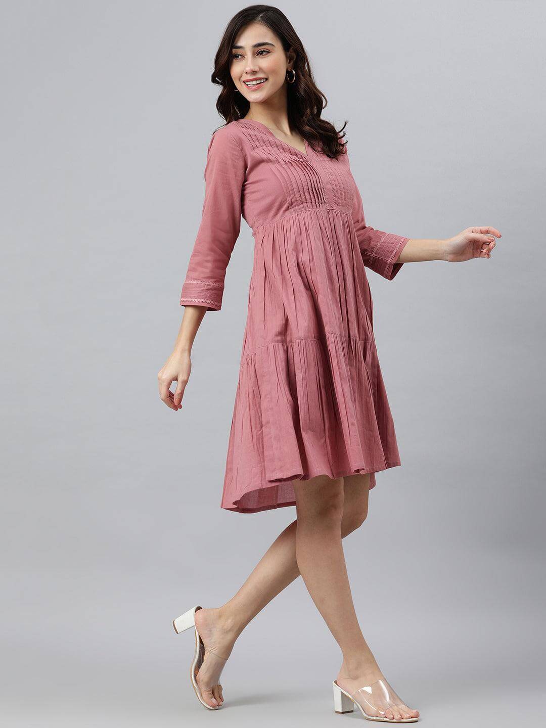 Coral Pink Cotton Solid Flared Western Dress Silae